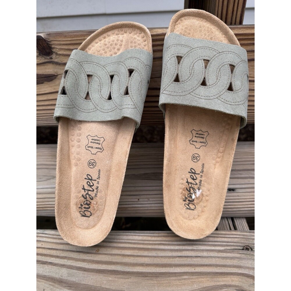 Biostep Suede Sandals Womens 8.5 39 Leather Slides Olive Made in Spain Cork Sole